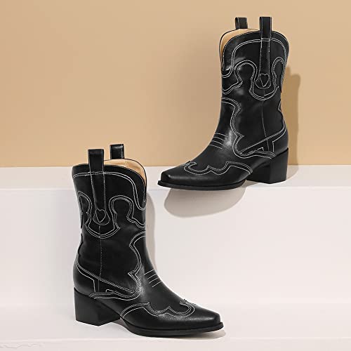 Image of Womens Embroidered Cowgirl Boots Pull On Cowboy Boots for Women Floral Low Chunky Heel Western Boots