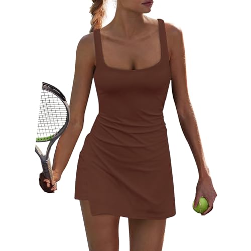 UNIANKIYA Womens Tennis Dress with Built in Shorts Workout Dress Athletic Mini Sundress Backless Summer Dresses Golf Outfits Brown : Clothing, Shoes & Jewelry