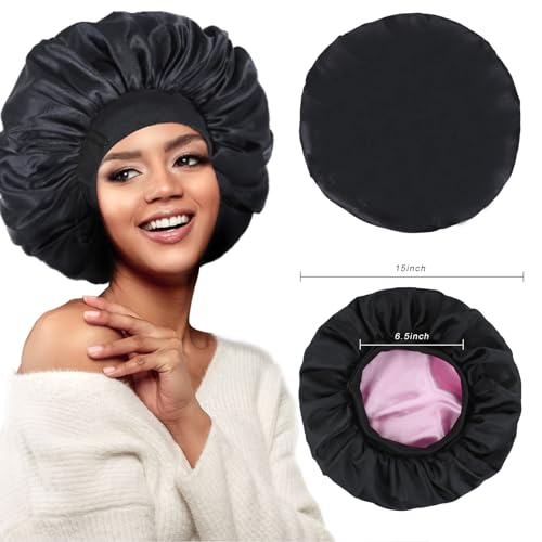 Silk Bonnet for Sleeping Double Layer Satin Bonnet Adjustable Bonnets for Black Women Sleep Cap Reversible Hair Bonnet for Curly Hair Shower Caps(Black and Pink)