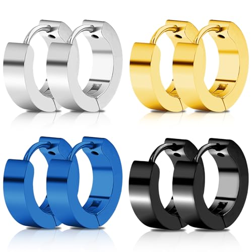 4 Pairs Unisex Hoop Earrings Set – 4 Color Stainless Steel Small Huggie Earrings for Men & Women (Gold, Silver, Black, Blue) | Hypoallergenic Ear Piercing Jewelry