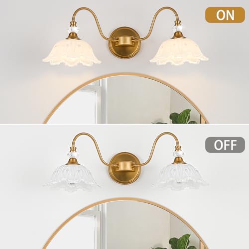 Image of Vintage Bathroom Vanity Light, 2-Light Matte Brass Finish Vanity Light with Floral White Glass Shades, Retro Wall Sconce for Bathroom, Dressing Table
