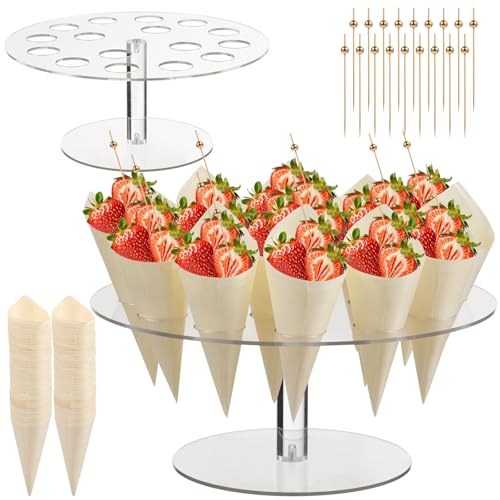 Bosreroy Transparent Acrylic Ice Cream Cone Stand, 16 Holes With 100 Cones And 100 Cocktail Picks, Elegant Display For Parties And Events