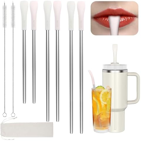 OUTXE Anti Wrinkle Straw 6 Pcs, Stainless Steel Drinking Straw for Stanley 40 oz 30 oz Tumbler, Reusable Wrinkle Free Long Metal Straw for Lip with Cleaning Brush and Carrying Bag Cover