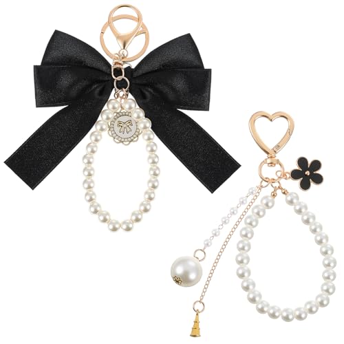 Tyqour 2Pcs Cute Bow Purse Keychain Bag Charms for Women, Pearl Wristlet Keychain, Ribbon Key Chain for Women Girls Friends Pearl Bag Charm for Purse Handbags Backpack