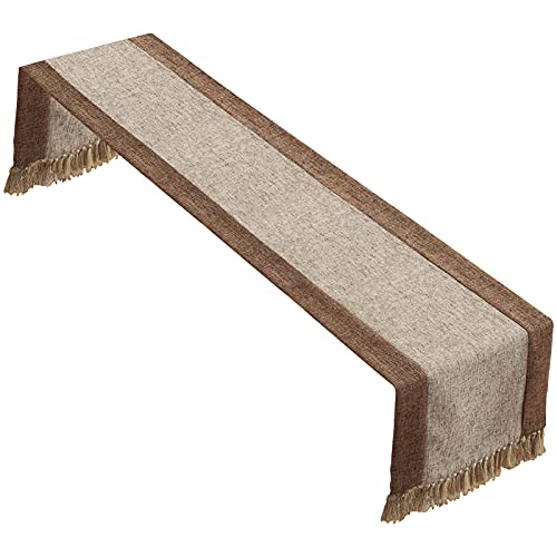 rismart Cotton Linen Tassels Table Runner for Dinning Dresser Table Beige Brown,38 x 180 cm, 38 x 180 cm (Length including tassel)