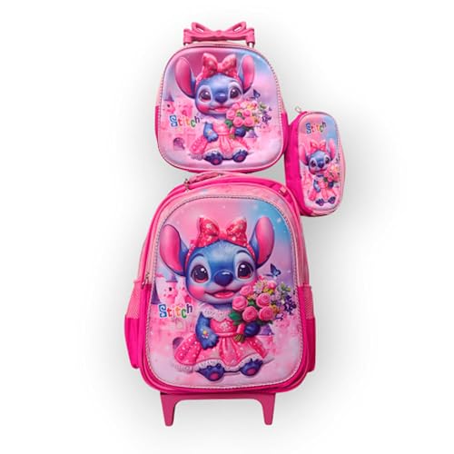 Kit Mochila Escolar do Stitch com Flores em 3D Menina com Rodinhas + Lancheira Térmica + Estojo Escolar em Alto Relevo Moan