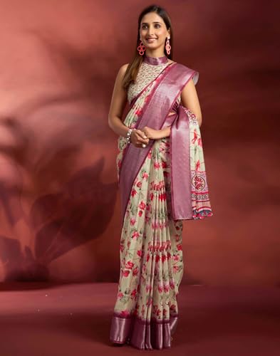 Image of SIRIL Women's Dola Silk Printed Jacquard Border Ready To Wear Saree with Unstitched Blouse Piece