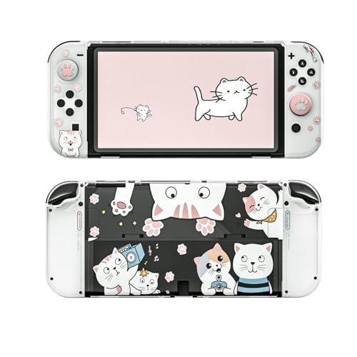 Switch OLED Cat Caso, Switch OLED Cat funda protectora y protector de pantalla y tapas de agarre para el pulgar