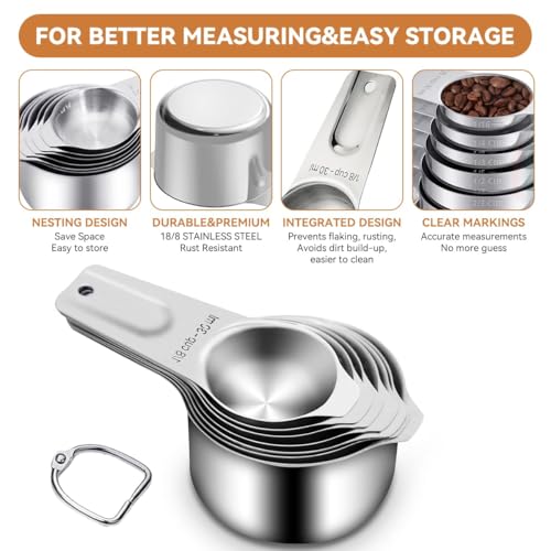 Image of INKULTURE Measuring Cups and Spoons Set (13 Pieces), 18 /8 Stainless Steel, Stackable, Engraved Marks, Dishwasher Safe, Kitchen Baking Tools