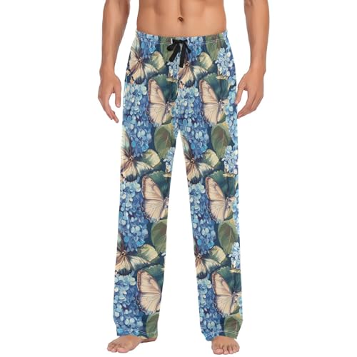 ALAZA Hydrangea Flowers Butterfly Men’s Pajama Pants Soft Long Sleep Pants Lounge Pajama Bottoms with Pockets