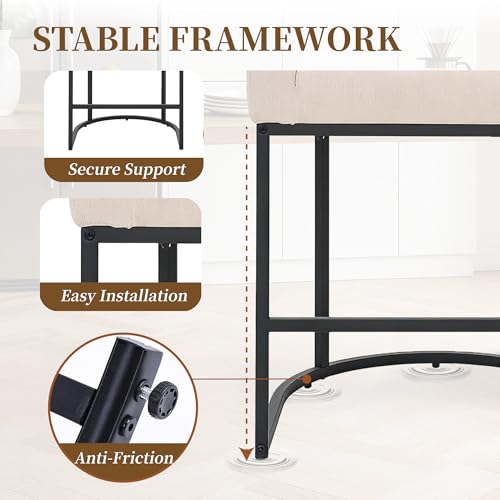 Image of 26 inch Counter Height Bar Stools Set of 1, Linen Fabric Upholstered Barrel Chairs with Back and Arms, Metal Frame Kitchen Island Stools with Footrest, Beige Fabric