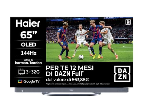 Haier OLED 4K HDR H65C95EUX 65" Smart TV, Google TV, Dolby Audio, Suono Harman Kardon, Movimenti fluidi 144Hz, Controllo Vocale, Bluetooth 5.1, HDMI 2.1 x 4 [2025]