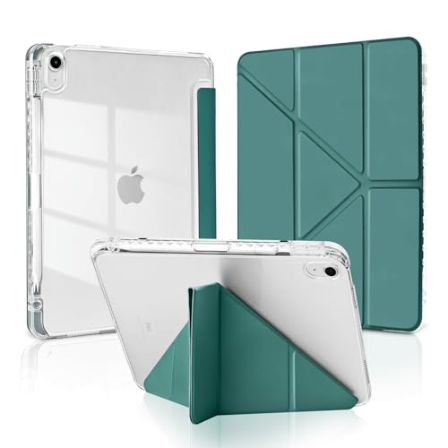 MuyDoux Origami Case for iPad 10th Generation 10.9" 2022 /iPad 11 A16 2025 11" with Pencil Holder, 5 Adjustable Viewing Angles, Shockproof Crystal-Clear Transparent Back Cover, Night Green