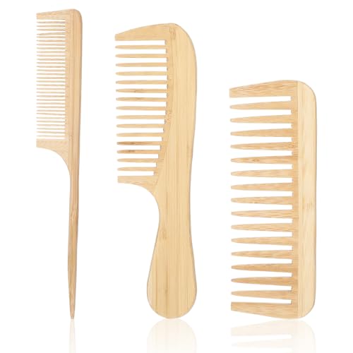 3PCS Natural Handmade Bamboo Anti-Static Combs Set - Wide Tooth, Rat Tail and Fine Tooth, Natural Wooden combs for Hair, Beard, Travel-Friendly, Hand Polished