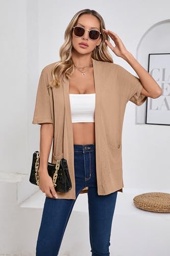 Image of Iandroiy Women's Lightweight Open Front Cardigans Casual Short Sleeve Blouse Tops