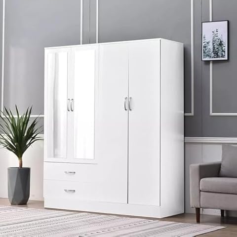 High Gloss 4-Door Wardrobe with Mirror Cover
