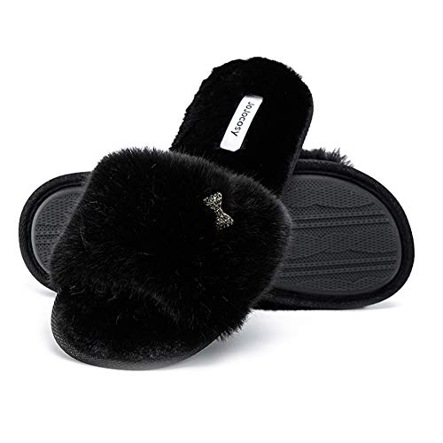 JOJOCOSY Rabbit Model Lady’s Comfortable Fuzzy Memory Foam Scuff Women’s Fashion Plush Open-toe Relaxing Indoor Slippers (Black, Large)