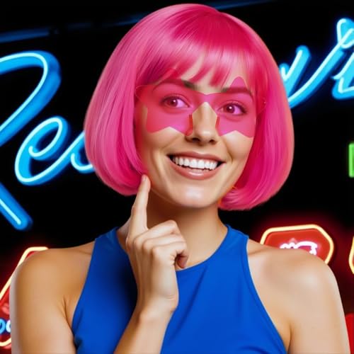 Image of ANOGOL Hot Pink Bob Wig with Bangs Pink Wigs for Women Colored Wigs Party | Hair Cap+Sunglasses Short Neon Wig for Bachelorette Party Funny Outfit for Women Halloween Costume Night Club Crazy Hair Day