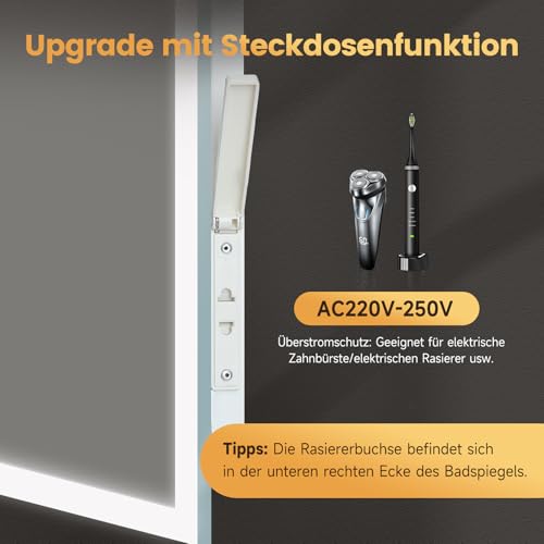 YOLEO Badspiegel mit Beleuchtung, LED Spiegel mit Bluetooth-Lautsprecher, Wandspiegel mit Steckdose, Badezimmerspiegel LED Beschlagfrei mit Touchschalter, 3 einstellbare Lichtfarbe, 100x60cm 2