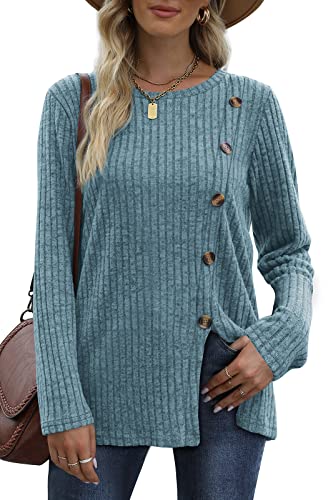 Ofeefan Long Sleeve Shirts For Women Tunics Ladies Sweaters Winter Tops Blue L #TOP29