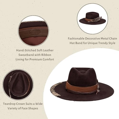 Image of RUEDIGER Vintage Wide Brim Fedora Hats 100% Wool Stiff Felt Hat Rancher Hat with Lightning Logo Handmade Distressed /Burned