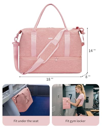 WANDF Travel Duffle Bag with Wet Pocket & Shoes Compartment, 18x14x8 Personal Item Travel Bag with USB Charging Port & Toiletry Bag for Gym, Weekend, Overnight, Hospital(Pink)3