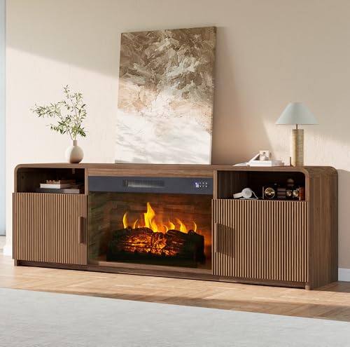 Image of AMERLIFE 70 inch Fluted Fireplace TV Stand for TVs Up to 80 inch, Modern TV Console with 30 inch Electric Fireplace & Storage Cabinets, Media Entertainment Center for Living Room, Brown