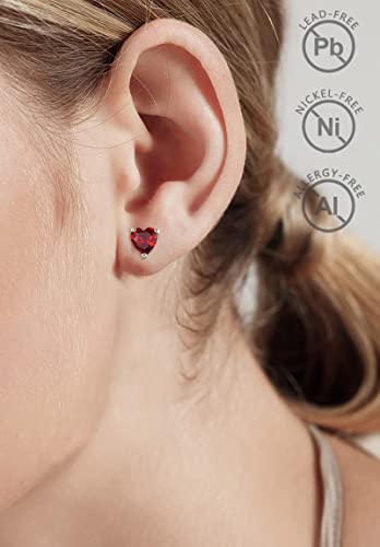 Vito 925 Sterling Silver Birthstone January Stud Earrings For Women, Cubic Zirconia Hypoallergenic Heart Garnet Ear Studs Jewelry Gift For Mom Wife Daughter On Birthday #TOP3