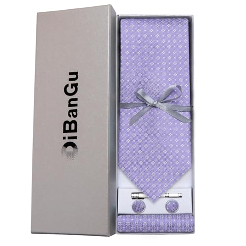 Image of DiBanGu Plaid Ties for Men Silk Checkered Necktie and Pocket Square Cufflinks Tie Clip Set with Gift Box for Wedding Business
