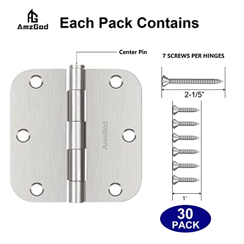 Amzgod Door Hinges Brushed Nickel - 30 Pack Nickel Door Hinges 3.5 Inch Rounded Interior Satin Nickel Door Hinges With 5/8" Radius - Flat Iron Residential Standard 3 1/2 Inches Silver Door Hardware #TOP2