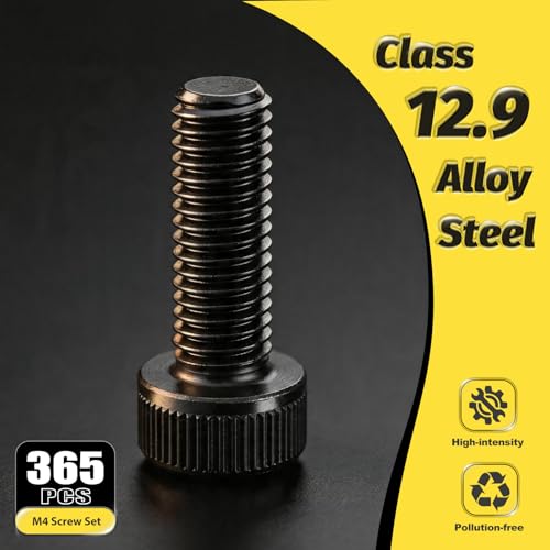 Image of Kadrick M4 Screws Kit 365PCS, Optimized Socket Head Cap Screws Assortment with Higher Screw Ratio, Class 12.9 Alloy Steel, Black Zinc Plated M4 Bolts for Mechanical, Repair & DIY Use