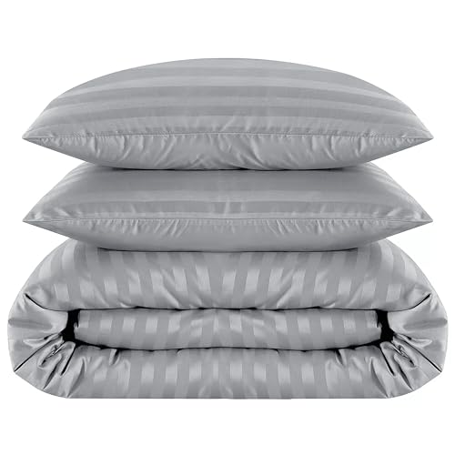 My Home Store Grey Double Duvet Cover Set - 100% Cotton Hotel-Quality Stripe Quilt Cover Bedding Ensemble with 2 Pillowcases - Hypoallergenic Soft & Breathable Bed Covers with Button Closure - Image 6