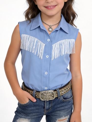 Image of Girls Fringe Shirt Sleeveless Button Down Western Cowgirl Tassel Trim Casual Blouse Shirt Top 4-13Y