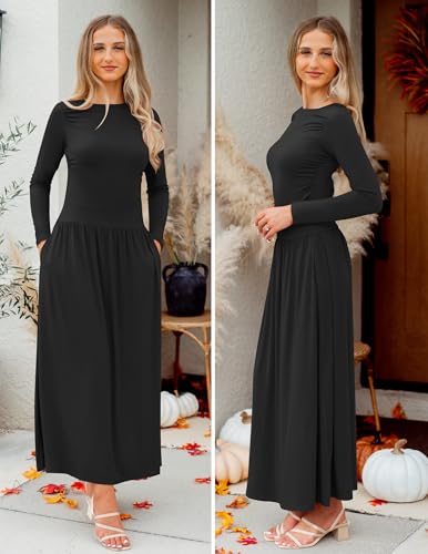 ZESICA Women's Long Sleeve Fall Maxi Dress 2025 Crewneck Knit Casual Slim Swing Pleated Dresses with Pockets4