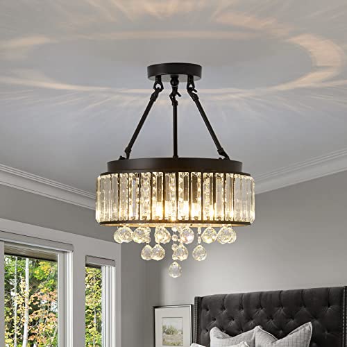 Yyjlx 4 Light Modern Crystal Semi Flush Mount Ceiling Light Fixture Black Metal Chandelier E12 Indoor Round Ceiling Lamp For Dining Room Living Room Laundry Room Foyer Kitchen Bedroom. #TOP5