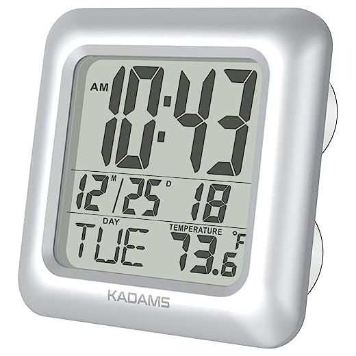 KADAMS Digital Bathroom Shower Wall Clock, Waterproof for Water Spray, Temperature, Seconds Counter, Moisture Proof, Large Display, Calendar Month Date Day, Suction Cup Stand Hanging Hole SILVER FRAME