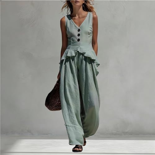 Conjunto de lino para mujer holgado que combate el calor con estilo elegante 2
