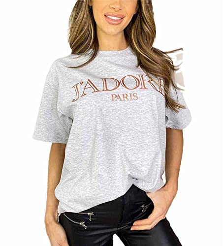Women Ladies Oversized Butterfly Love Heart Print Short Sleeve T-Shirt Top Cotton Tee for Casual Wear J'Adore Grey 20-22