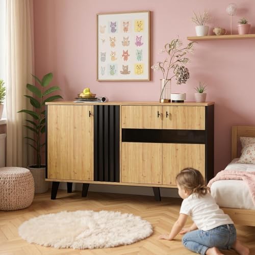 FurnitureR Natural Kommode, Modernes Design, Glas und Spanplatte, Vielseitiger Stauraum, Platzsparende Möbel, 140 cm Länge, 78,5 cm Höhe