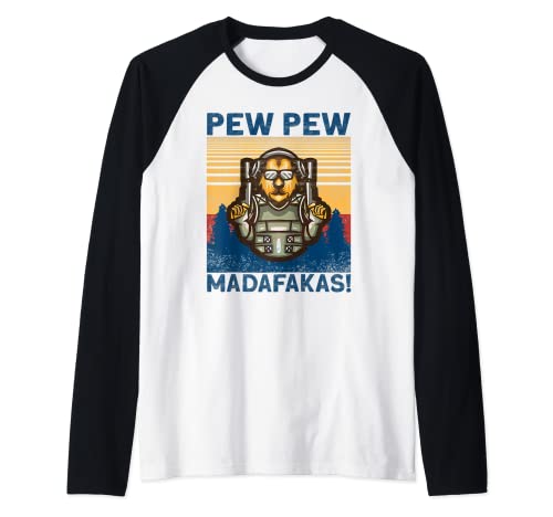 Pew Pew Madafakas! Loco perro retro idea de regalo Camiseta Manga Raglan