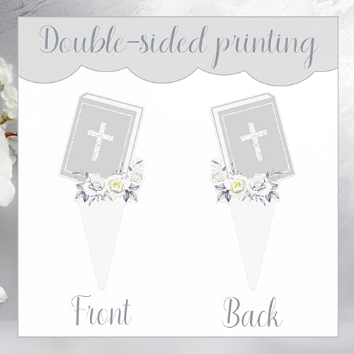 God Bless Floral Cupcake Toppers Silver Easter Cross Party Cake Decorations Christian Baptism Theme Party Decor 48Pcs Wreath God Bless Cupcake Picks for First Holy Communion Baby Shower Supplies by LUCKYQUBE - Used condition - Image 3