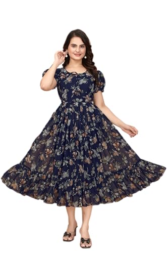 Image of Women's Georgette Dresses Floral Printed One Piece Stylish Long Maxi Western Frock Midi Dress for Women (Puffed Sleeves)