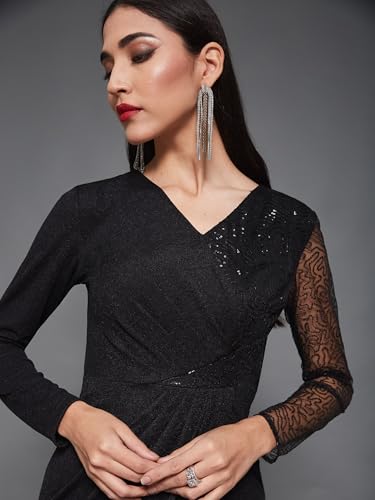 Image of Miss Chase Women's Round Neck Sleeve Embellished Fit Flare Maxi Dress