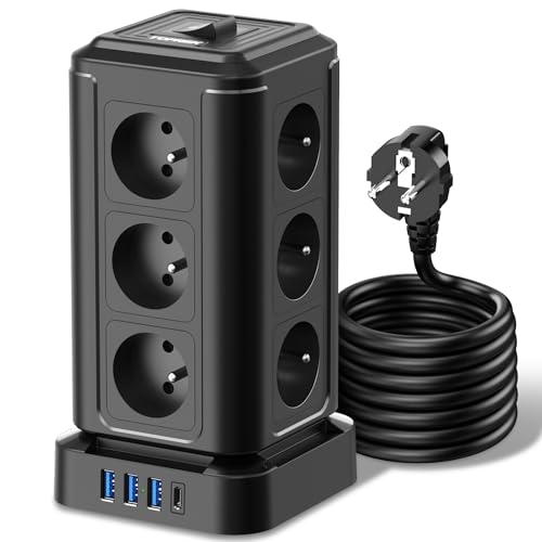 TOPREK Tour Multiprise avec 12 Prises AC Française et 1 USB C(20W PD3.0) et 3 USB A et 2M Câble Rallonge Electrique et 1 Interrupteur, 4000W/16A, Multiprise Parafoudre pour Bureau et Maison, Noir