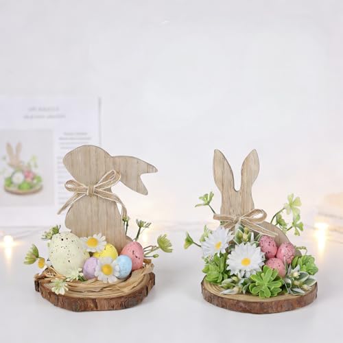 HEBYJO 2 Pcs Easter Bunny Decor Wooden, Rustic Easter Decoration