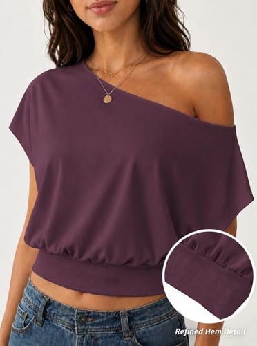 Image of SOFIA'S CHOICE Women's Off The Shoulder T Shirt Crop Top Casual Summer Dolman Sleeve Asymmetrical Cinched Waist Tops