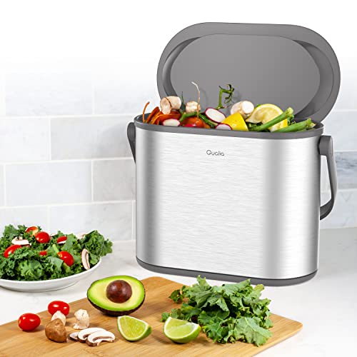 Qualiazero Multi-Purpose Countertop Compost Bin | 4L / 1 Gal Stainless Steel Slim Shape | Trash Can With Gray Lid | 1Pc (4L / 1 Gal, Gray) #TOP2