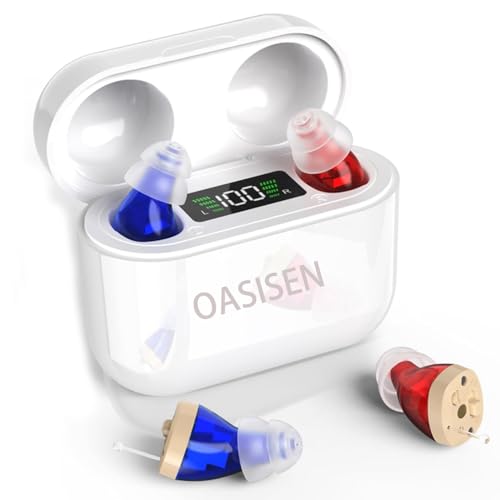 New Generation of Personal Devices with Long-Lasting Charging Case,Digital Rechargeable Noise Cancelling Completely-In-Canal,Charging Case with LED Power,Easy Control (Red Blue)