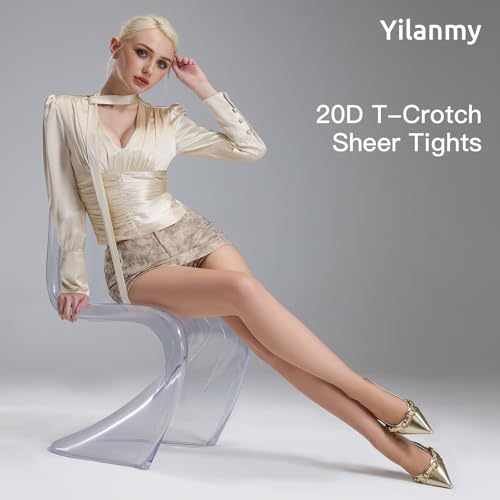 Image of Yilanmy 3 Pairs Sheer Tights for Women Ultra Thin T-Crotch Pantyhose High Waist Stockings 20D