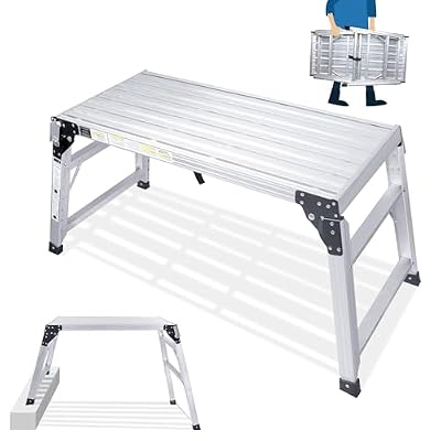 ORIENTOOLS Adjustable Work Platform, (39.4" X 18.5") Portable Folding Aluminum Step Ladder, Scaffolding Platform of Capacity 330 LBS Heavy Duty, 7 Gear Adjustable Height 24 to 35 inches